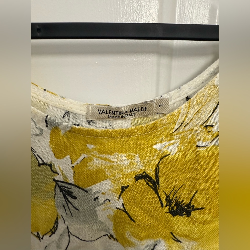 Women’s Valentina Naldi 100% Linen Yellow Floral Sleeveless Dress Sz L Summer - Picture 2 of 6